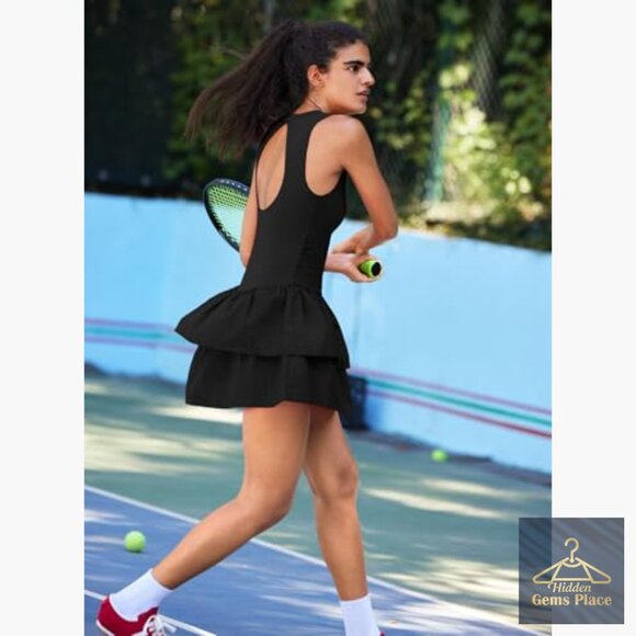 Backless Tennis Dress with Built-In Shorts, 4-Way Stretch Athletic Mini Dress - Picture 5 of 7